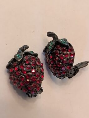 Albert Weiss Red and Green Strawberry Clip-On Earrings (Missing Crystals)